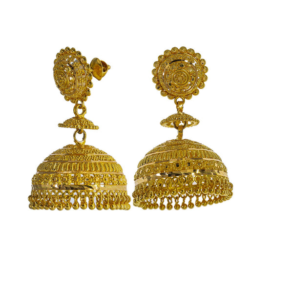 22K Yellow Gold Jhumki Drop Earrings W/ Beaded Filigree & Halo Cap Accent | Blend the extraordinary elements of gold and tradition in unique designs such as these 22K yellow...