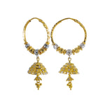 22K Multi Tone Gold Hoop Earrings W/ Jhumki Drop & Hammered Accents | Blend the extraordinary elements of gold and design with exquisite luxury jewelry pieces such as ...