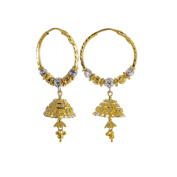 22K Multi Tone Gold Hoop Earrings W/ Jhumki Drop & Hammered Accents | Blend the extraordinary elements of gold and design with exquisite luxury jewelry pieces such as ...