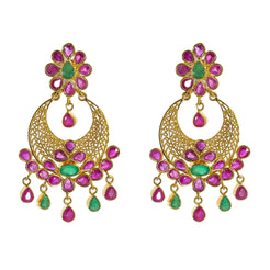 22K Yellow Gold Chandbali Hoop Earrings W/ Rubies & Emeralds