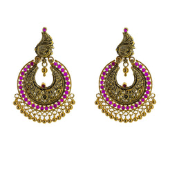 22K Yellow Gold Antique Chandbali Earrings W/ Rubies & Peacock Accents