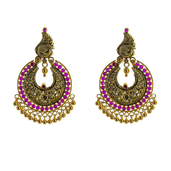 22K Yellow Gold Antique Chandbali Earrings W/ Rubies & Peacock Accents | Blend the extraordinary elements of gold, tradition and seamless designs with exquisite luxury je...