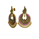 22K Yellow Gold Antique Chandbali Earrings W/ Rubies & Peacock Accents | Blend the extraordinary elements of gold, tradition and seamless designs with exquisite luxury je...