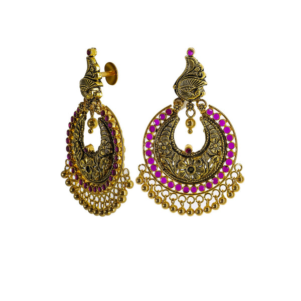 22K Yellow Gold Antique Chandbali Earrings W/ Rubies & Peacock Accents | Blend the extraordinary elements of gold, tradition and seamless designs with exquisite luxury je...