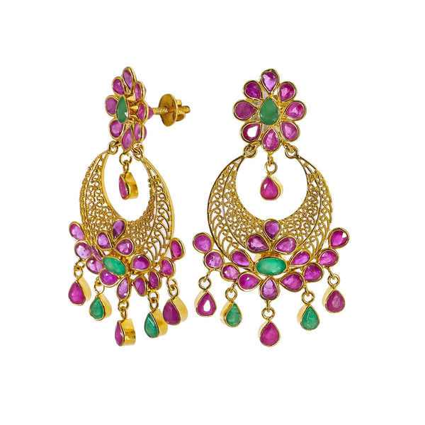 22K Yellow Gold Chandbali Hoop Earrings W/ Rubies & Emeralds | Blend the extraordinary elements of gold and design with exquisite luxury jewelry pieces such as ...