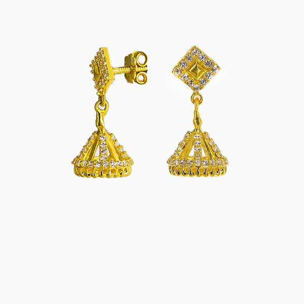 22K Yellow Gold Jhumki Drop Earrings W/ CZ Gems & Diamond Shaped Pendants |  22K Yellow Gold Jhumki Drop Earrings W/ CZ Gems & Diamond Shaped Pendants for women. These r...