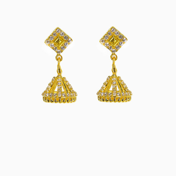 22K Yellow Gold Jhumki Drop Earrings W/ CZ Gems & Diamond Shaped Pendants |  22K Yellow Gold Jhumki Drop Earrings W/ CZ Gems & Diamond Shaped Pendants for women. These r...