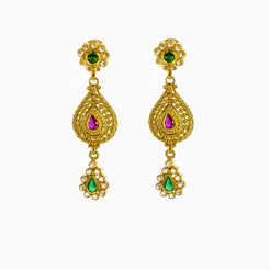 22K Yellow Gold Drop Earrings W/ Rubies, Emeralds, CZ Gems & Teardrop Pendants