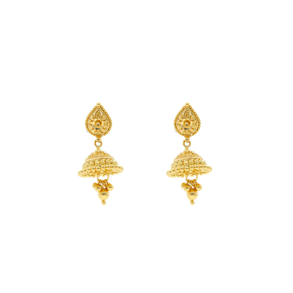 22K Yellow Gold Jhumki Drop Earrings W/ Detailed Dome & Cluster Gold Balls | 



Sometimes your already chic look simply needs a hint of gold like this radiant 22K yellow gol...