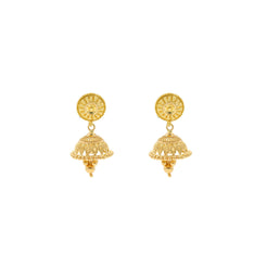 22K Yellow Gold Jhumki Drop Earrings W/ Gold Ball Trim & Stud Flower Decal