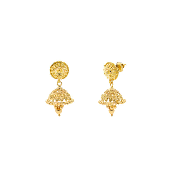 22K Yellow Gold Jhumki Drop Earrings W/ Gold Ball Trim & Stud Flower Decal | 



Don't shy away from the radiance of 22K gold minimal jewelry designs like the details of this...