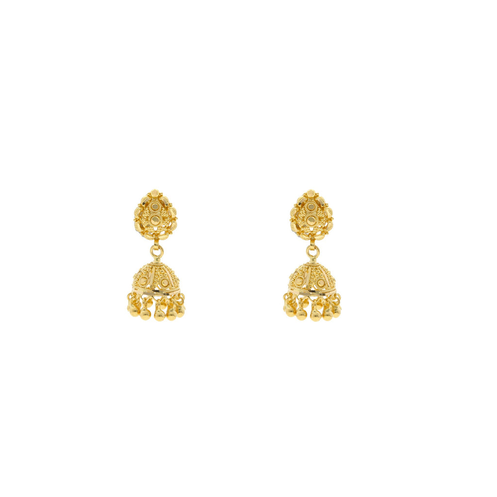 22K Yellow Gold Small Jhumki Drop Earrings W/ Smooth Gold Ball Trim | 



Sometimes statement looks come in small packages like these radiant 22K yellow gold small Jhu...