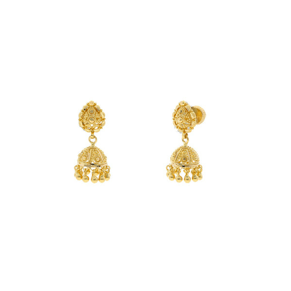 22K Yellow Gold Small Jhumki Drop Earrings W/ Smooth Gold Ball Trim | 



Sometimes statement looks come in small packages like these radiant 22K yellow gold small Jhu...