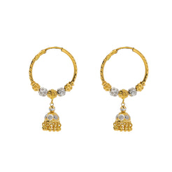 22K Multi Tone Gold Hoop Earrings W/ Gold Shambala Beads & Jhumki Drops