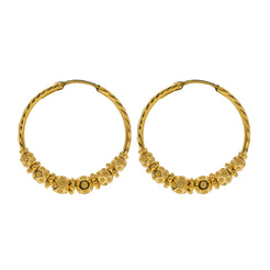 22K Yellow Gold Hoop Earrings W/ Gold Shambala Beads
