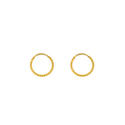 An image of the 22K gold hoops from Virani Jewlers with a hammered texture.