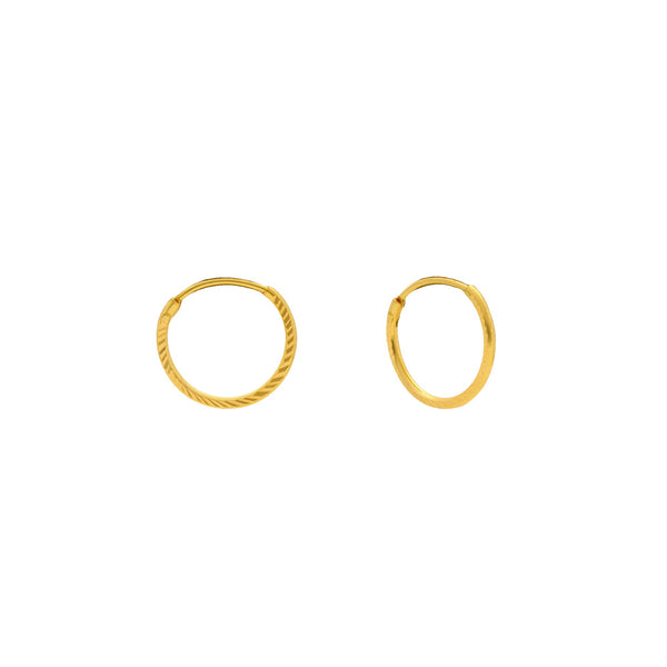 An image of two 22K gold earrings with a hammered design and an infinity closure from Virani Jewelers. | Complete your look with these 22K gold earrings from Virani Jewelers!

Features a hammered design...