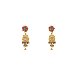 22K Yellow Gold Exotic Jhumka Drop Earrings W/ Emeralds & Rubies, 5.6 grams