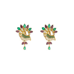 22K Yellow Gold peacock Earrings W/ Rubies, Emeralds & Cubic Zirconia , 10.2 grams