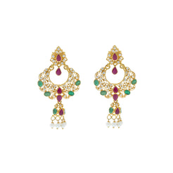 22K Yellow Gold Hoop Earrings W/Rubies,Emeralds,CZ and pearls with Dreamcatcher Design