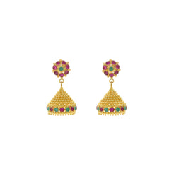 22K Yellow Gold Emerald & Ruby Jhumki Drop Earrings, 10.8 grams