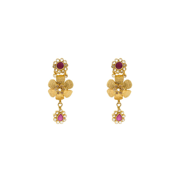 22K Yellow Gold Flower Shaped Hanging Earrings Finely Detailed W/ Ruby & Cubic Zirconia, 11.4 grams | 


Exude Indian traditional elegance and style as you wear these magnificent gold earrings! Get t...