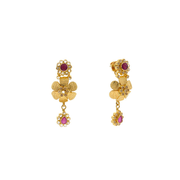 22K Yellow Gold Flower Shaped Hanging Earrings Finely Detailed W/ Ruby & Cubic Zirconia, 11.4 grams | 


Exude Indian traditional elegance and style as you wear these magnificent gold earrings! Get t...