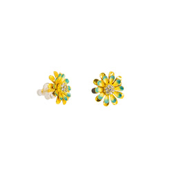 22K Yellow Gold Earrings W/ Center CZ Stud & Hand Painted Flower