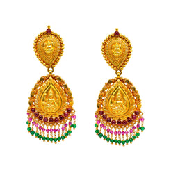 22K Yellow Gold Earrings W/ Rubies, Emeralds & Laxmi Pendant