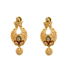 22K Yellow Gold Chandbali Earrings W/ Rubies, Emeralds CZ Gems & teardrop Accents