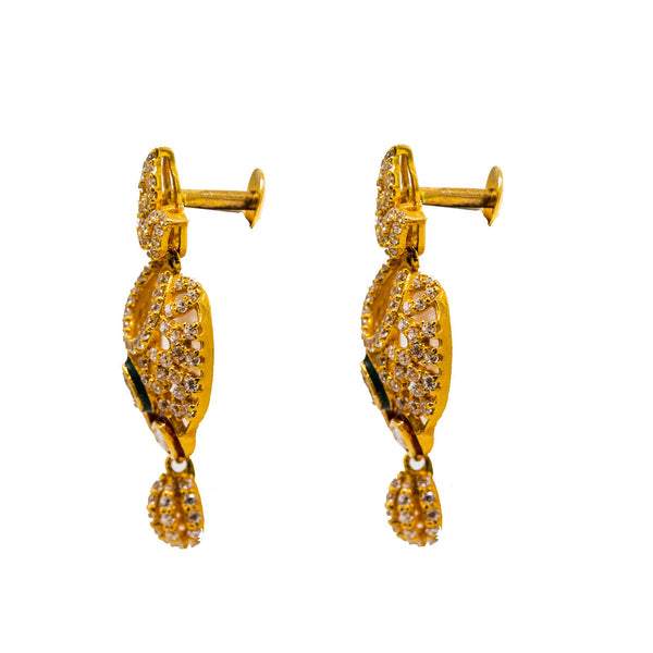 22K Yellow Gold Chandbali Earrings W/ Rubies, Emeralds CZ Gems & teardrop Accents |  22K Yellow Gold Chandbali Earrings W/ Rubies, Emeralds CZ Gems & teardrop Accents for women....
