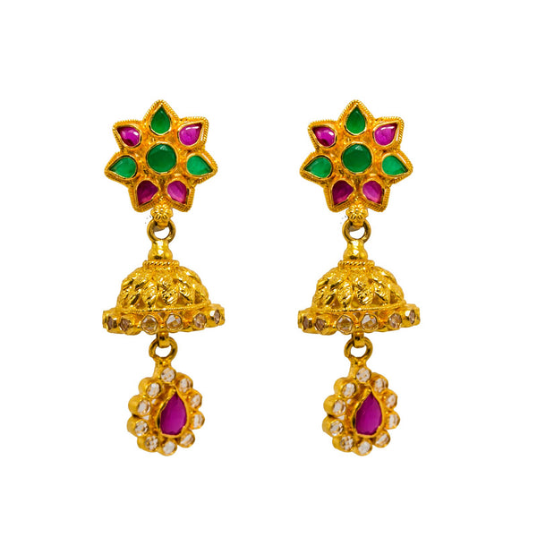 22K Yellow Gold Jhumki Earrings W/ Rubies, Emeralds, CZ Gems & Ornate Flower Designs |  22K Yellow Gold Jhumki Earrings W/ Rubies, Emeralds, CZ Gems & Ornate Flower Designs for wom...