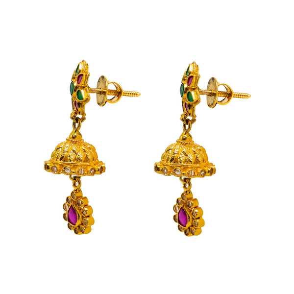 22K Yellow Gold Jhumki Earrings W/ Rubies, Emeralds, CZ Gems & Ornate Flower Designs |  22K Yellow Gold Jhumki Earrings W/ Rubies, Emeralds, CZ Gems & Ornate Flower Designs for wom...