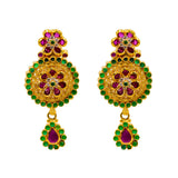 22K Yellow Gold Earrings W/ Rubies, Emeralds, CZ Gems & Round Floral Pendant |  22K Yellow Gold Earrings W/ Rubies, Emeralds, CZ Gems & Round Floral Pendant for women. Thes...