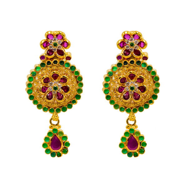 22K Yellow Gold Earrings W/ Rubies, Emeralds, CZ Gems & Round Floral Pendant |  22K Yellow Gold Earrings W/ Rubies, Emeralds, CZ Gems & Round Floral Pendant for women. Thes...