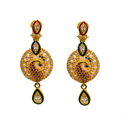 22K Yellow Gold Drop Earrings W/ Rubies, Emeralds, Sapphires, CZ Gems & Round Peacock Pendant