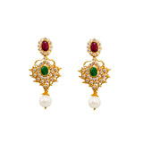 22K Yellow Gold Flower Earrings W/ Rubies, Emeralds, CZ Gems & Drop Pearl |  22K Yellow Gold Flower Earrings W/ Rubies, Emeralds, CZ Gems & Drop Pearl for women. Add a f...