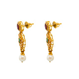 22K Yellow Gold Flower Earrings W/ Rubies, Emeralds, CZ Gems & Drop Pearl |  22K Yellow Gold Flower Earrings W/ Rubies, Emeralds, CZ Gems & Drop Pearl for women. Add a f...