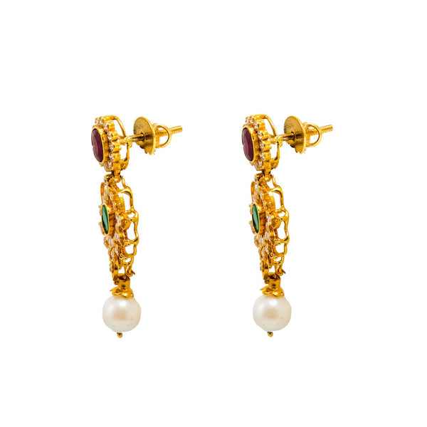 22K Yellow Gold Flower Earrings W/ Rubies, Emeralds, CZ Gems & Drop Pearl |  22K Yellow Gold Flower Earrings W/ Rubies, Emeralds, CZ Gems & Drop Pearl for women. Add a f...