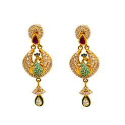 22K Yellow Gold Chandbali Earrings W/ Rubies, Emeralds, Sapphires, CZ Gems & Peacock Pendant