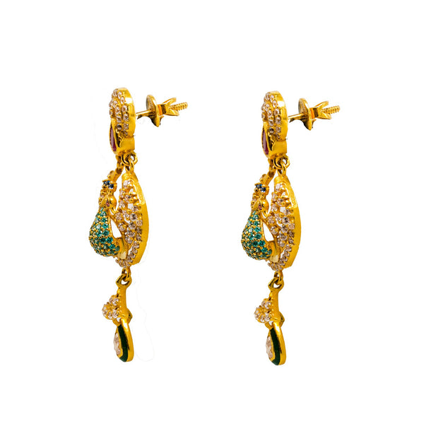 22K Yellow Gold Chandbali Earrings W/ Rubies, Emeralds, Sapphires, CZ Gems & Peacock Pendant |  22K Yellow Gold Chandbali Earrings W/ Rubies, Emeralds, Sapphires, CZ Gems & Peacock Pendant...