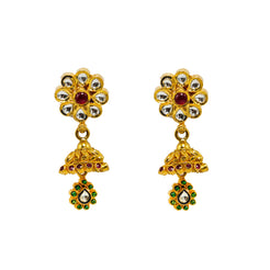 22K Yellow Gold Jhumki Earrings Earrings W/ Rubies, Emeralds, Kundan & "White" Flower Accent