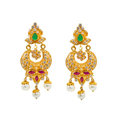 22K Yellow Gold Chandbali Earrings W/ Rubies, Emeralds, CZ Gems & Hanging Pearls