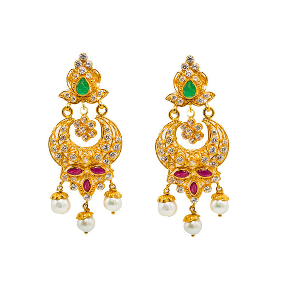 22K Yellow Gold Chandbali Earrings W/ Rubies, Emeralds, CZ Gems & Hanging Pearls |  22K Yellow Gold Chandbali Earrings W/ Rubies, Emeralds, CZ Gems & Hanging Pearls for women. ...