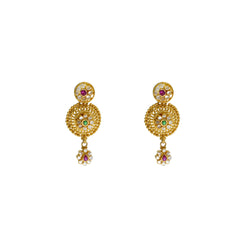 22K Yellow Gold Drop Earrings W/ Rubies, Emeralds, CZ & Dome Shield Accents