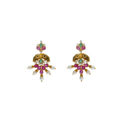 22K Yellow Antique Gold Starburst Earrings W/ Emeralds, Rubies, CZ & Pearls