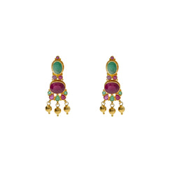 22K Yellow Gold Ornate Drop Earrings W/ Rubies, Emeralds & Drop Balls