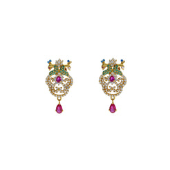 22K Yellow Gold Drop Earrings W/ CZ, Rubies, Emeralds & Paisley Peacock Design