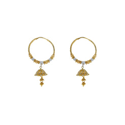 22K Multi Tone Gold Hoop Earrings W/ Hammered Gold Beads & Jhumki Drops
