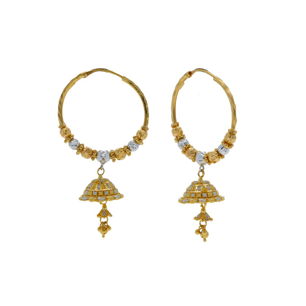 22K Multi Tone Gold Hoop Earrings W/ Hammered Gold Beads & Jhumki Drops | 


Blend various designs and gold colors to discover some of the most unique designs such as this...